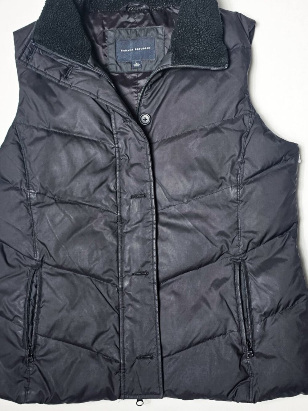 Banana Republic Puffer vest jacket black quilted sherpa fleece lined LARGE